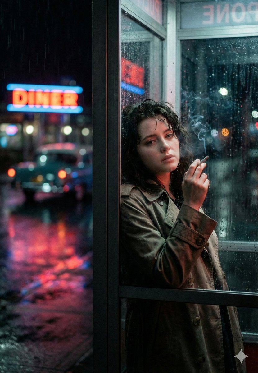 Neo-Noir Phone Booth Scene in the Rain AI image template preview