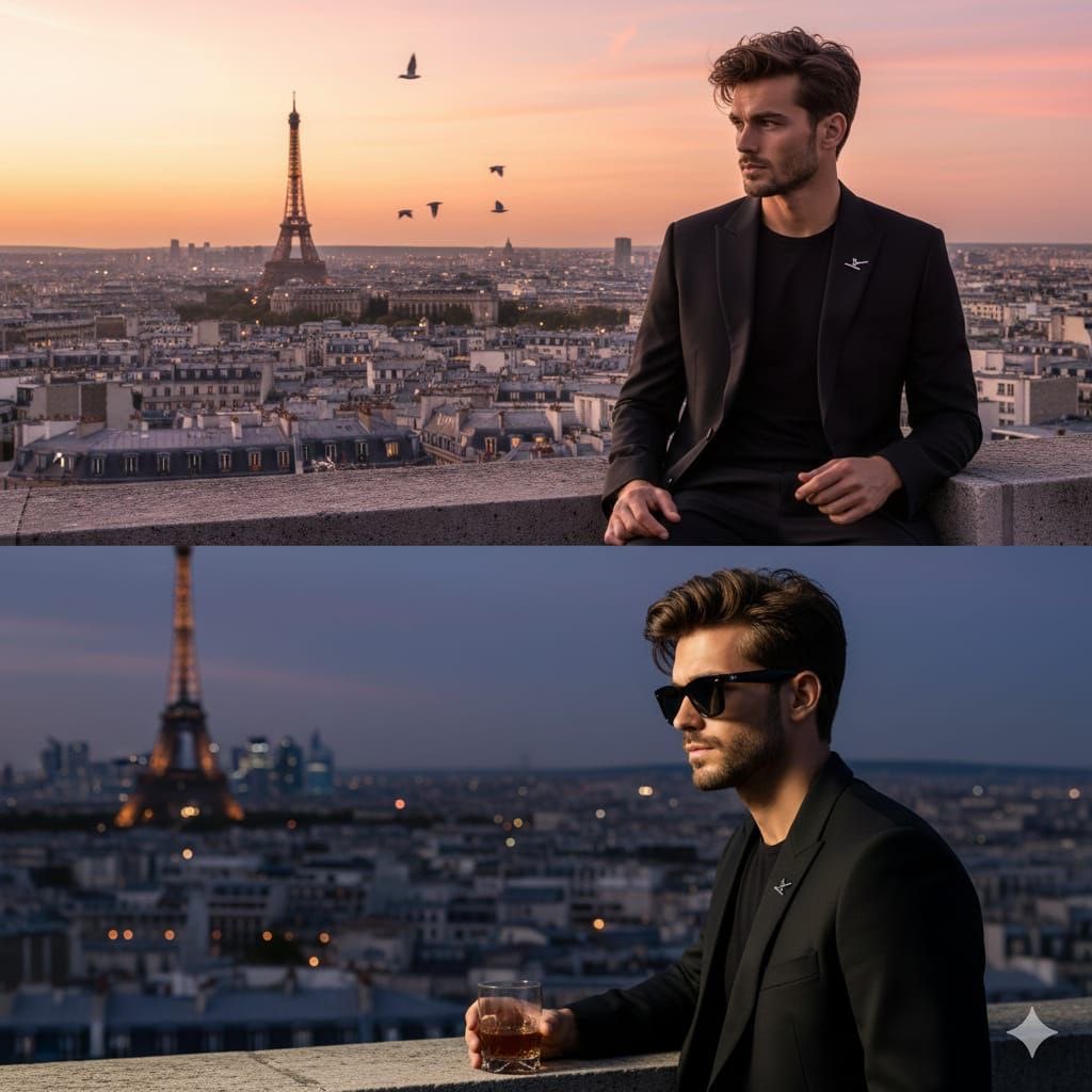 Cinematic Fashion Portrait on a Paris Rooftop AI image template preview