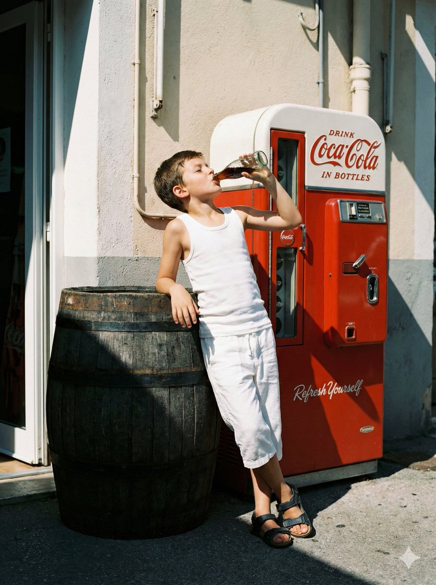 Nostalgic Film Photo of Boy by Coca-Cola Vending Machine AI image template preview