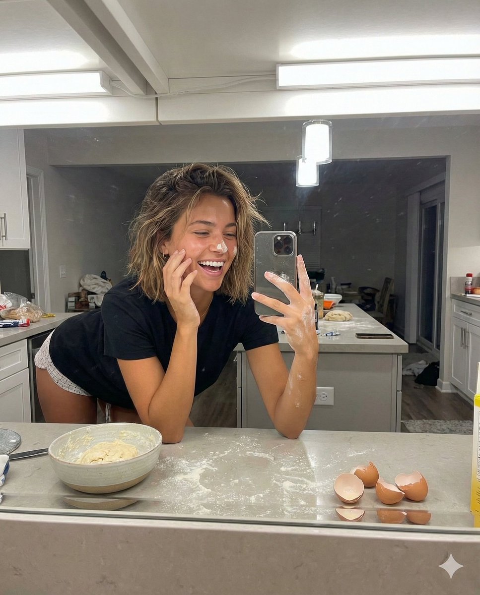 Playful Mirror Selfie in a Messy Kitchen AI image template preview
