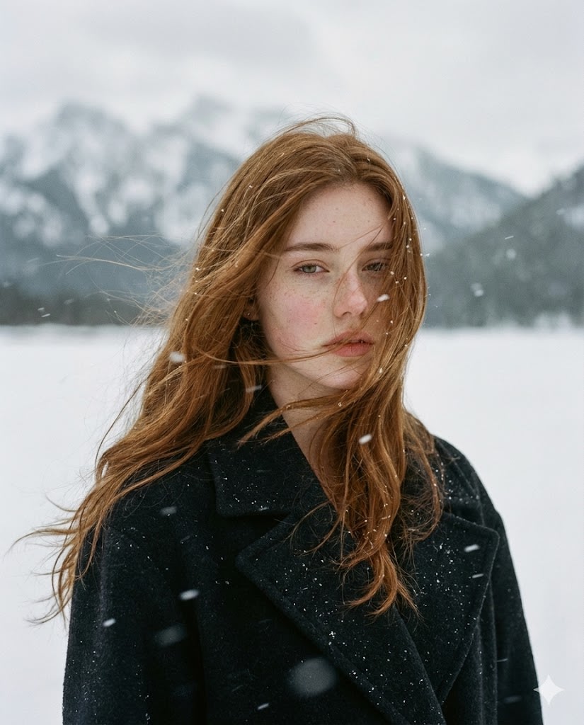 Poetic Cinematic Portrait in Snowy Landscape AI image template preview