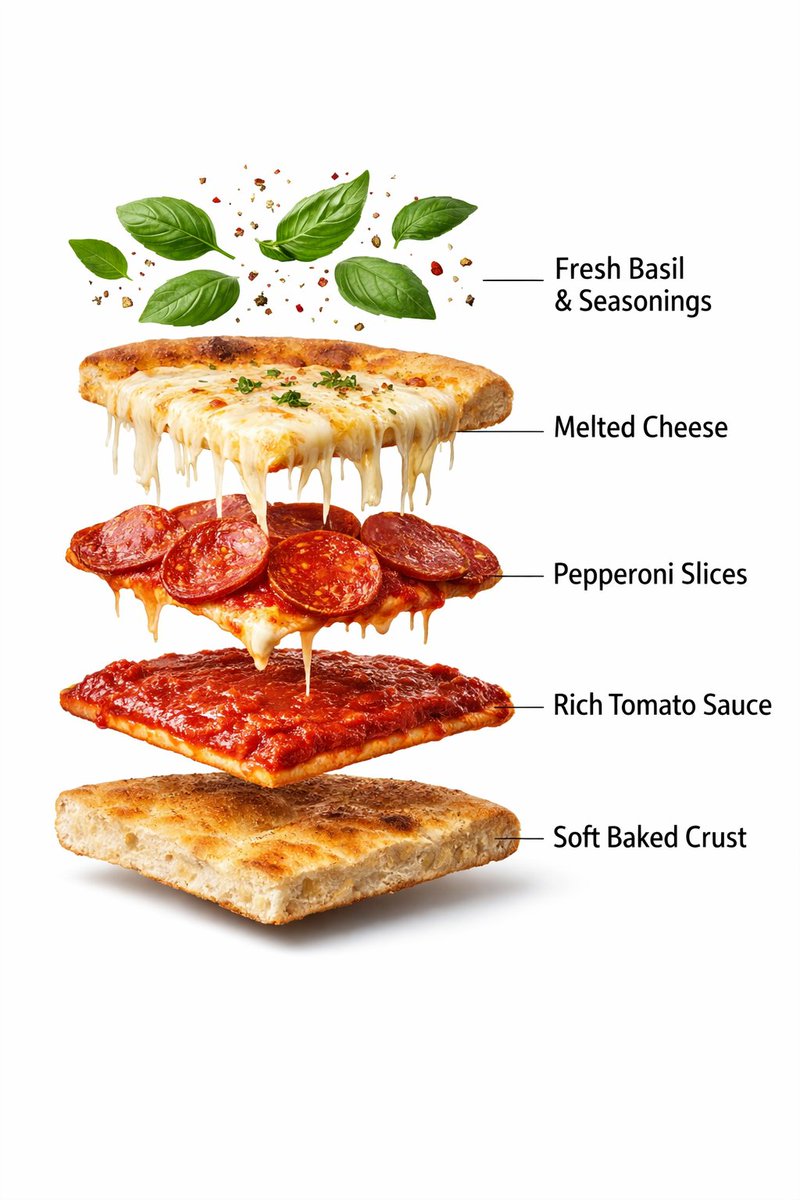 Ultra-Realistic Exploded Pizza Infographic and Motion Prompt AI image template preview
