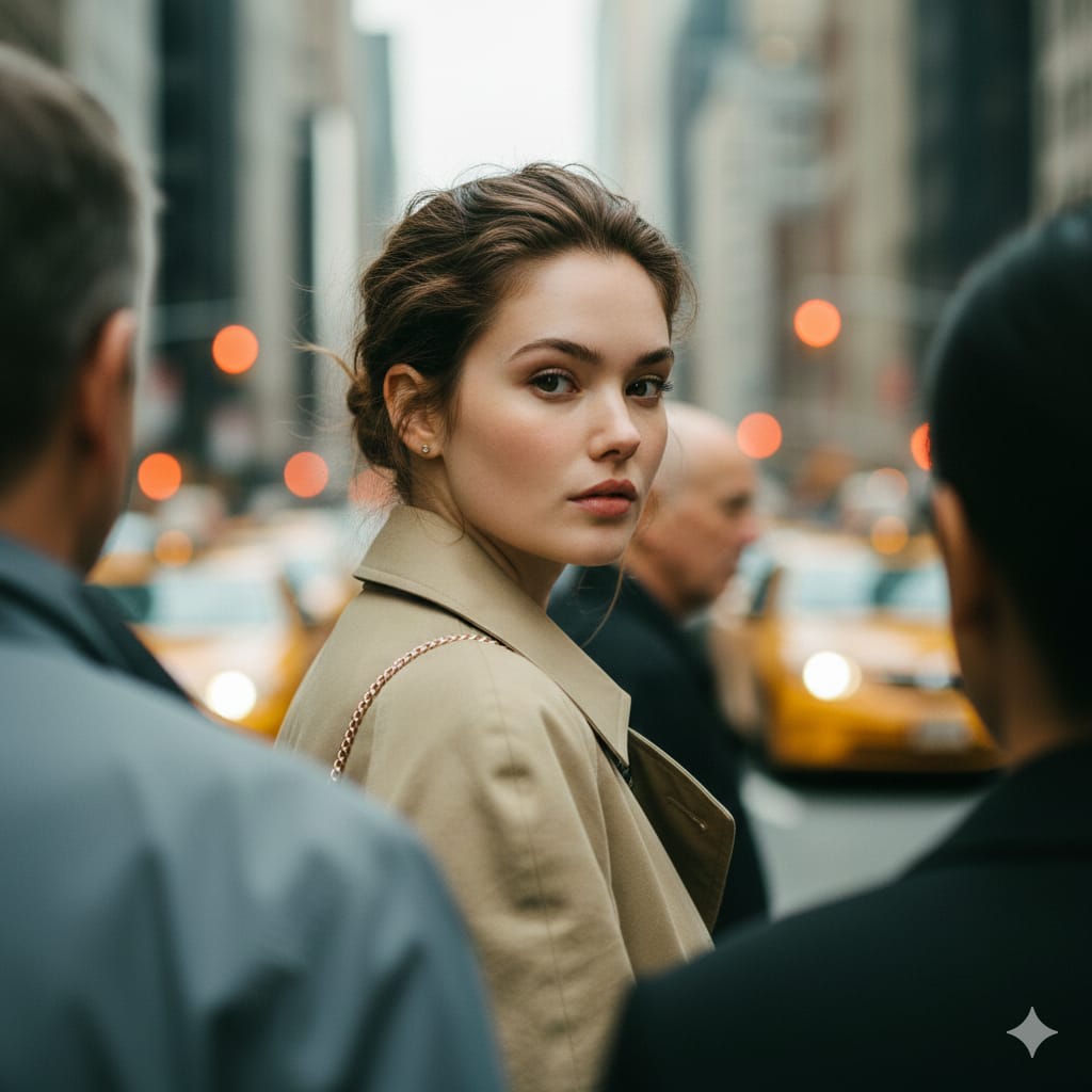 Photorealistic Candid Street Portrait with Extreme Shallow DOF AI image template preview