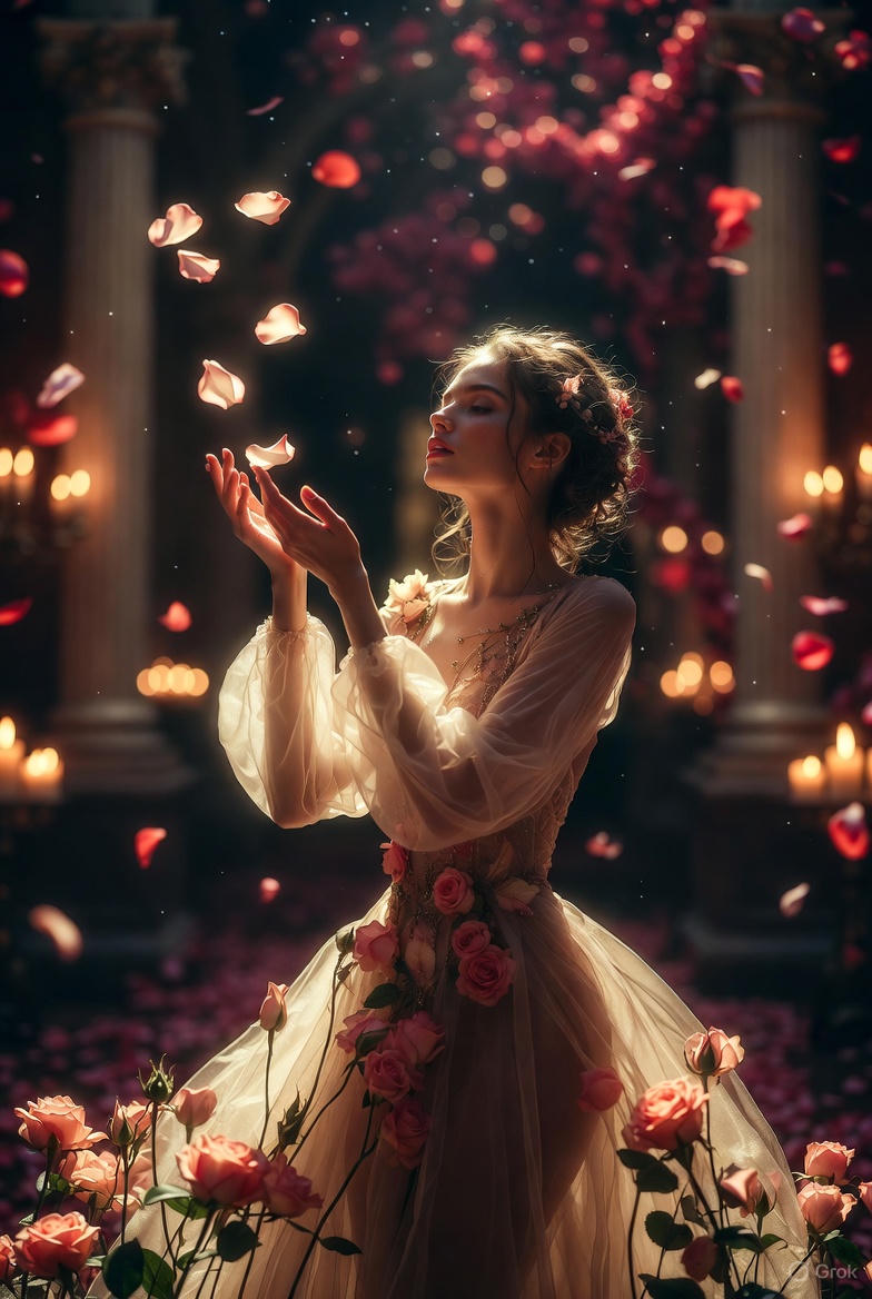 High-Fashion Fantasy Editorial with Floating Petals example 3