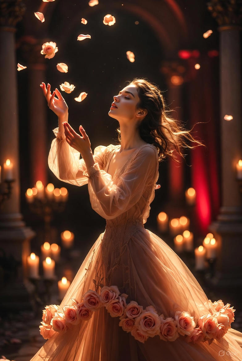 High-Fashion Fantasy Editorial with Floating Petals example 4