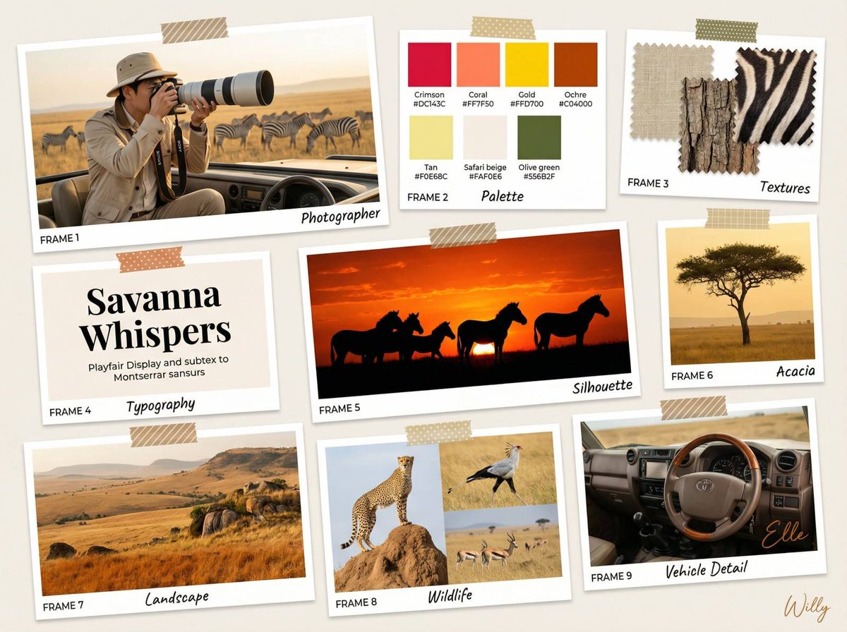 Wildlife Photographer Mood Board in African Savanna AI image template preview