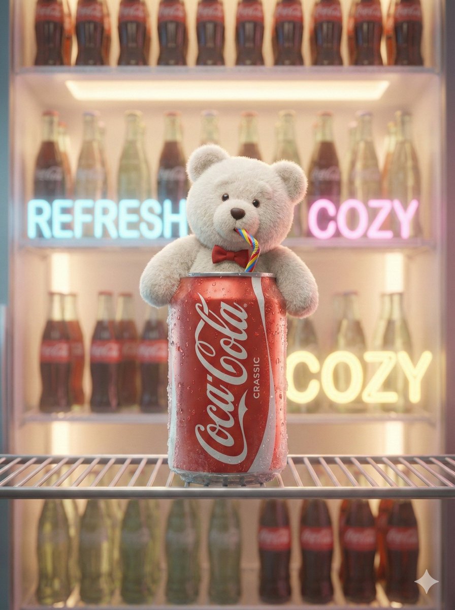 Pixar-Level Commercial Scene: Teddy Bear in a Soda Can AI image template preview