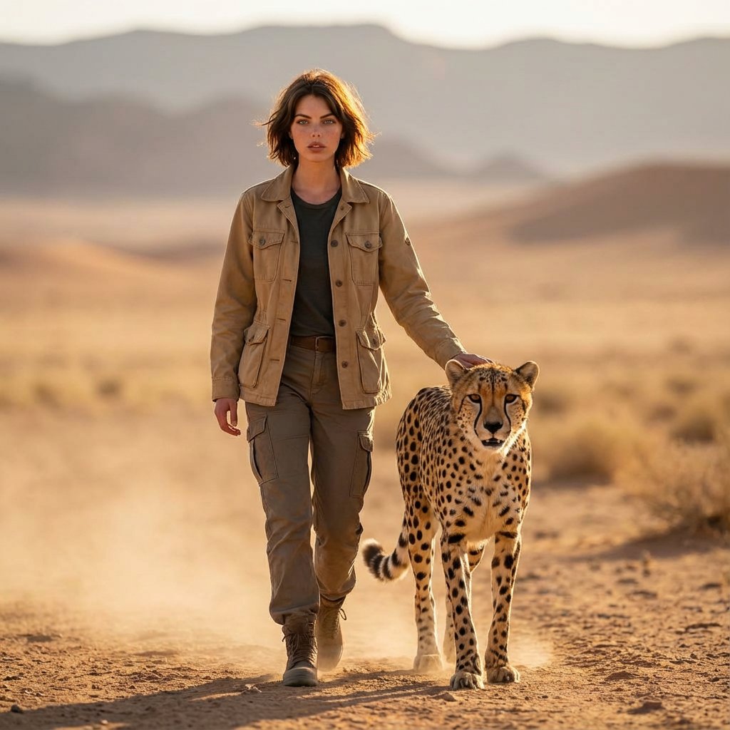Golden Hour Desert Photo of Woman and Cheetah AI image template preview