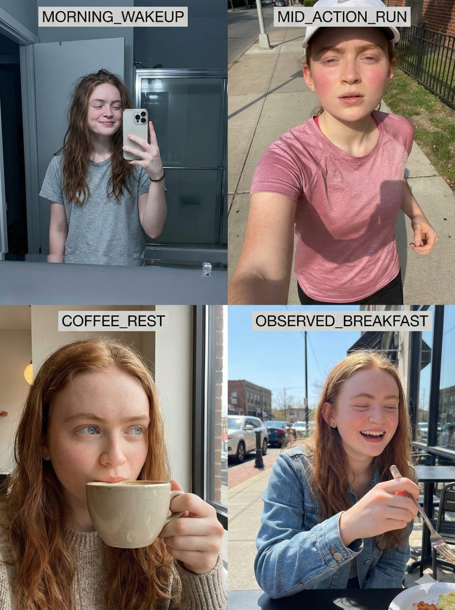 8K RAW Consistent Identity Daily Routine Grid (Sadie Sink) AI image template preview