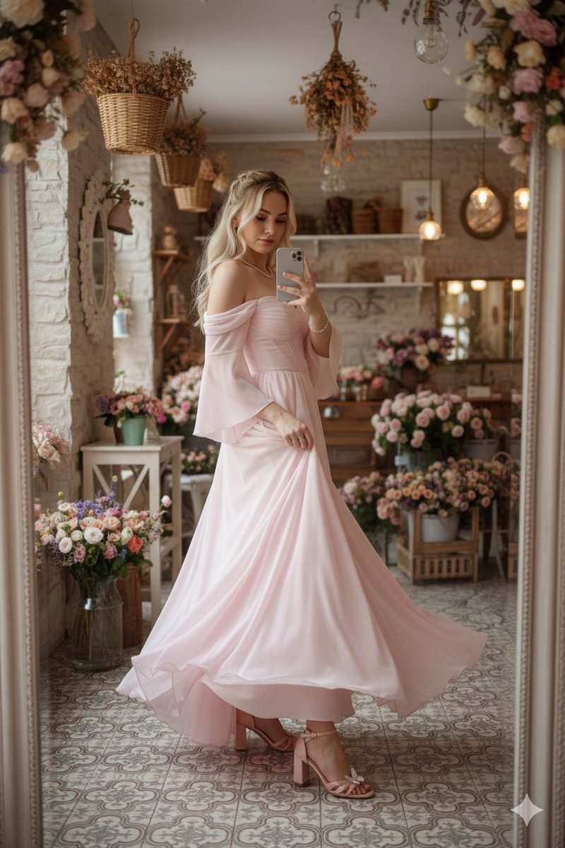 Fairy-Core Gown Mirror Selfie in a Floral Cafe AI image template preview