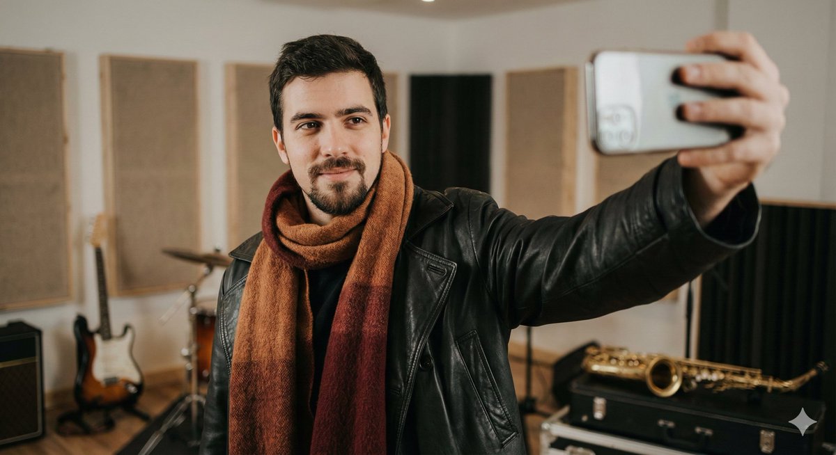 Selfie Portrait in Recording Studio Prompt AI image template preview