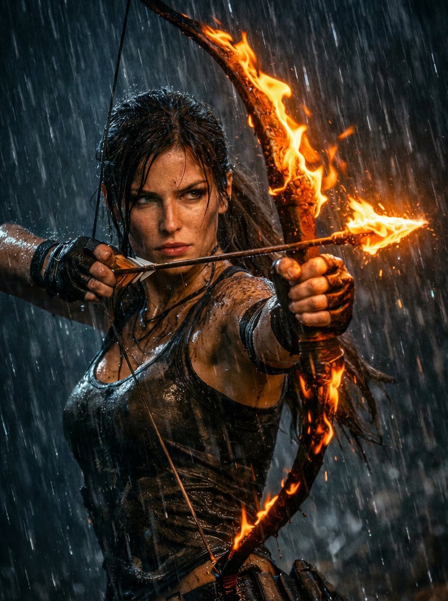 Lara Croft with Fiery Bow in Heavy Downpour AI image template preview