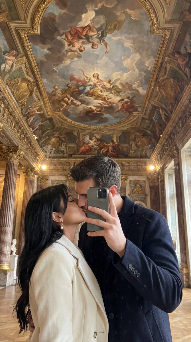 Ultra Photoreal Museum Mirror Kiss Selfie with Identity Lock AI image template preview
