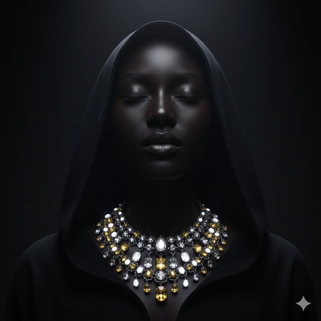 Dramatic Low-Key Portrait with Glowing Gemstones AI image template preview
