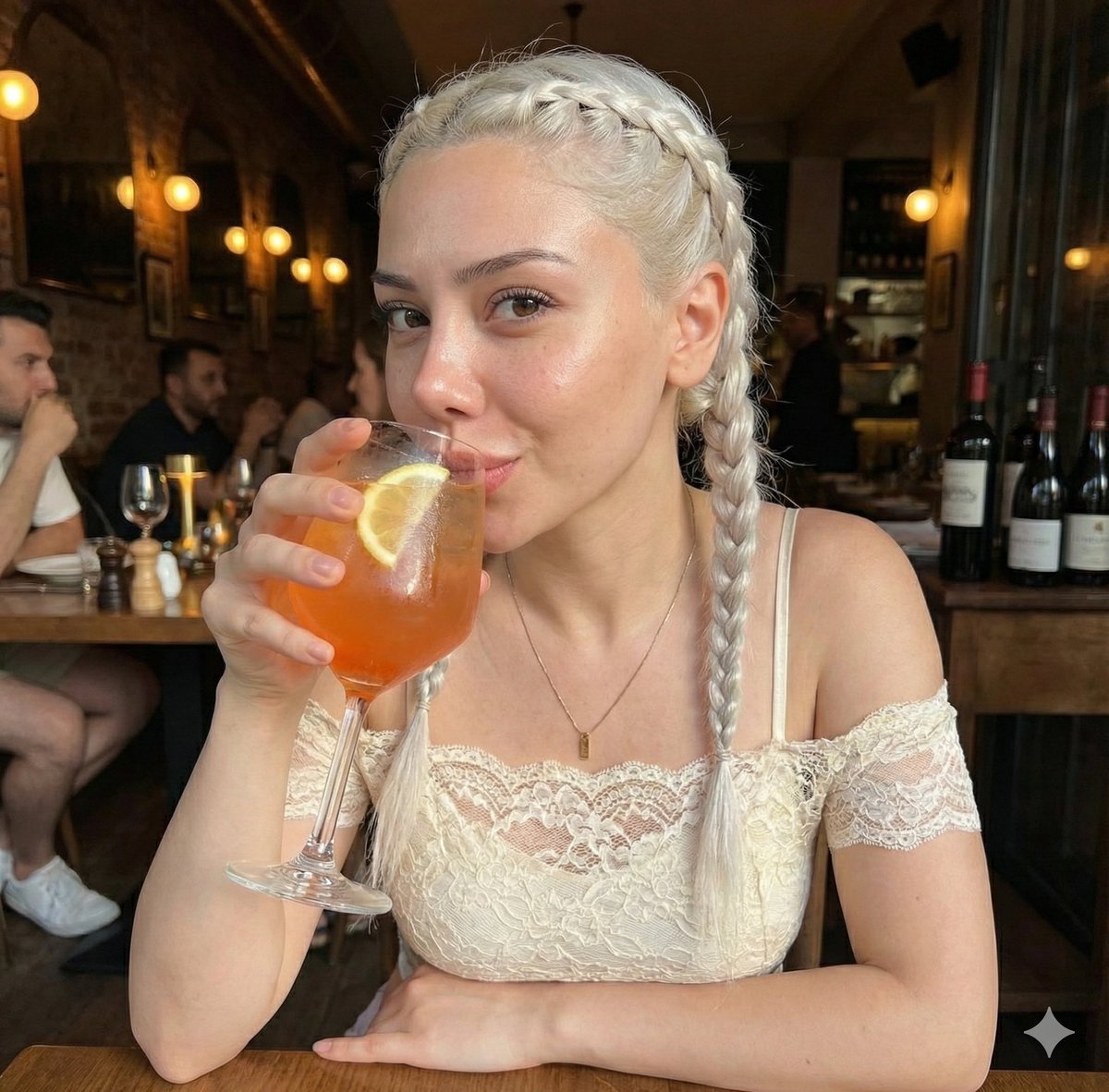 Photorealistic Intimate Portrait of a Woman Drinking a Cocktail AI image template preview