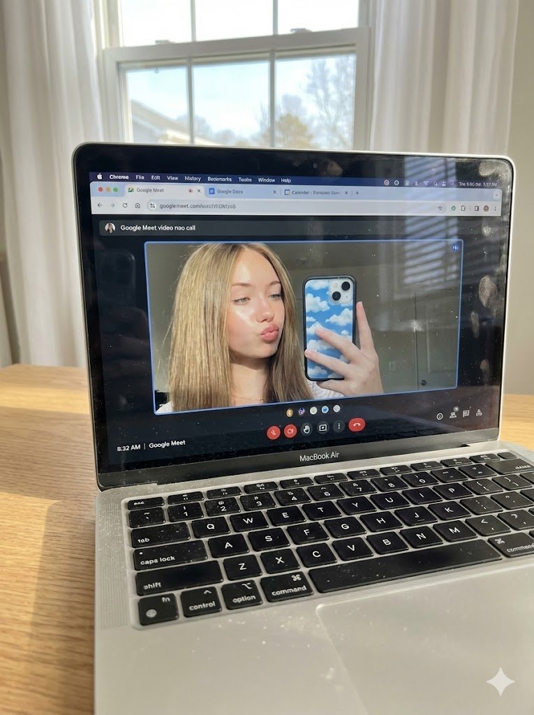Raw Photo of MacBook Screen During Google Meet Selfie AI image template preview