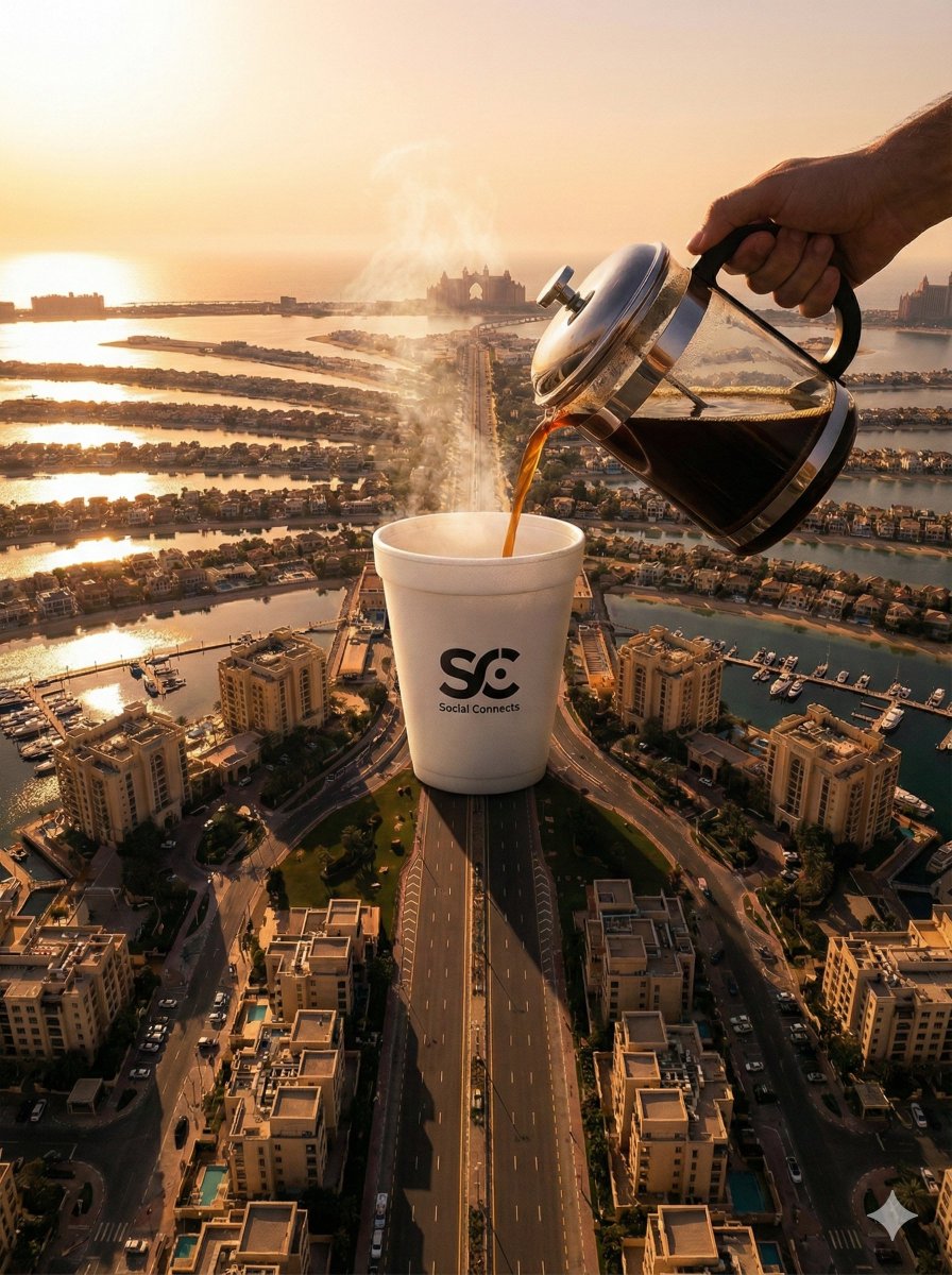 Surreal Aerial View of Giant Coffee Cup on Palm Jumeirah AI image template preview