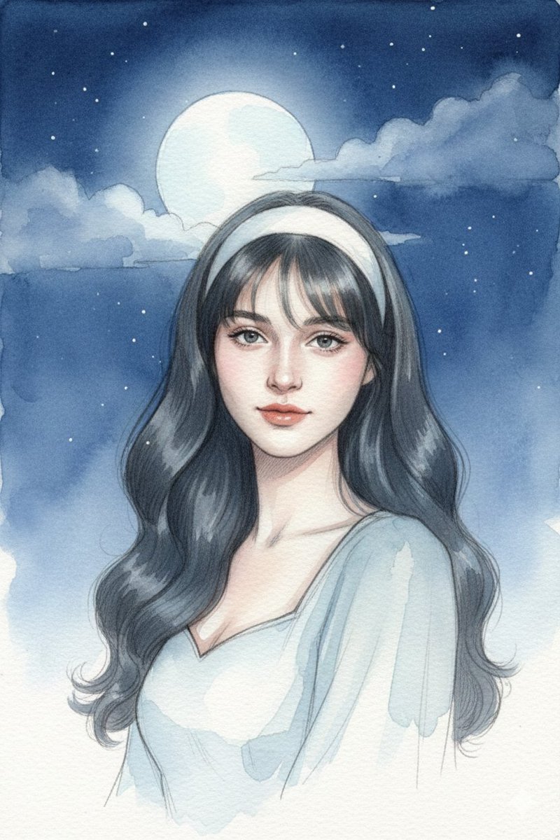 Moonlit Watercolor Portrait with Identity Lock AI image template preview