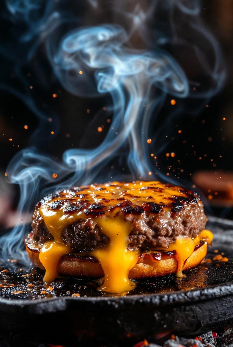 Cinematic Macro Shot of Sizzling Cheeseburger example 2
