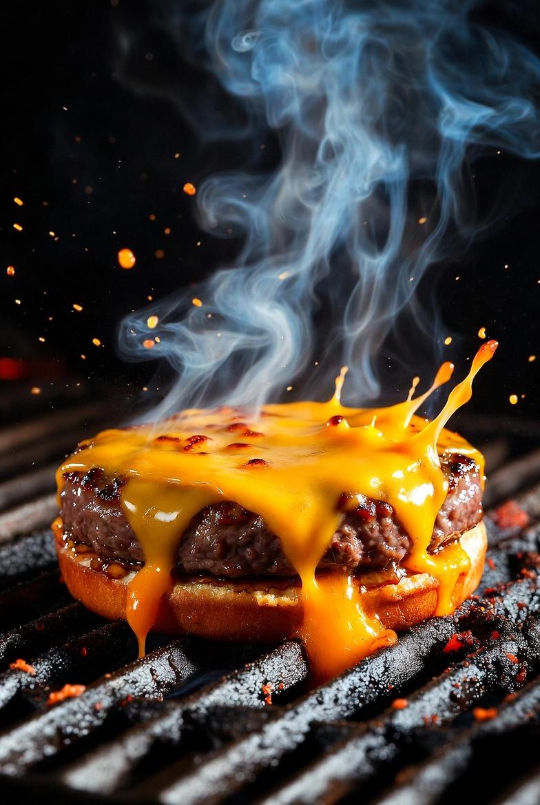 Cinematic Macro Shot of Sizzling Cheeseburger example 3