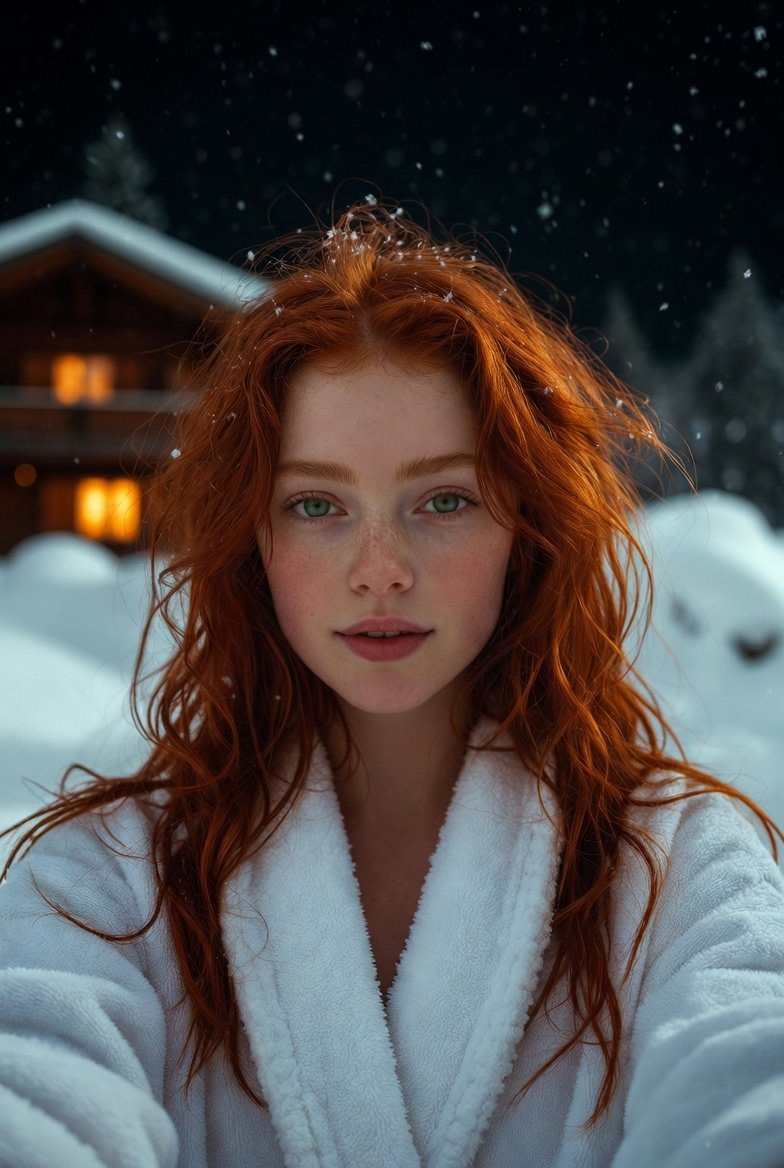 Flash Selfie in Snow at Alpine Chalet Prompt AI image template preview
