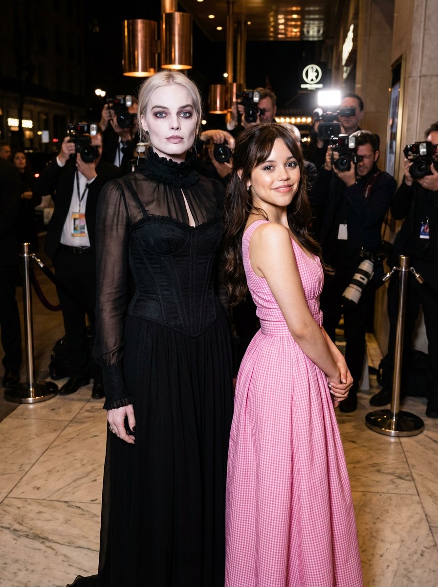 Red Carpet Juxtaposition Prompt: Margot Robbie as Wednesday and Jenna Ortega as Barbie AI image template preview