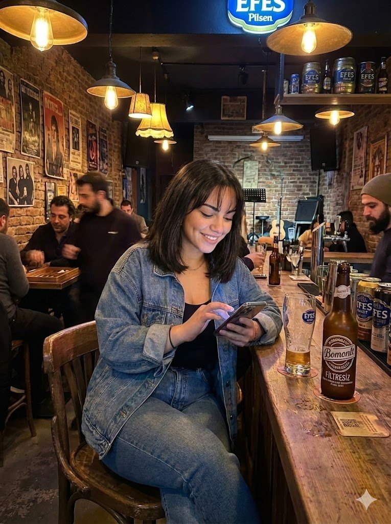Candid Bar Scene with Phone and Beer Details AI image template preview