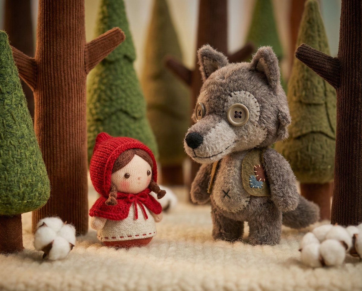 Whimsical Plush Toy Diorama of Little Red Riding Hood AI image template preview