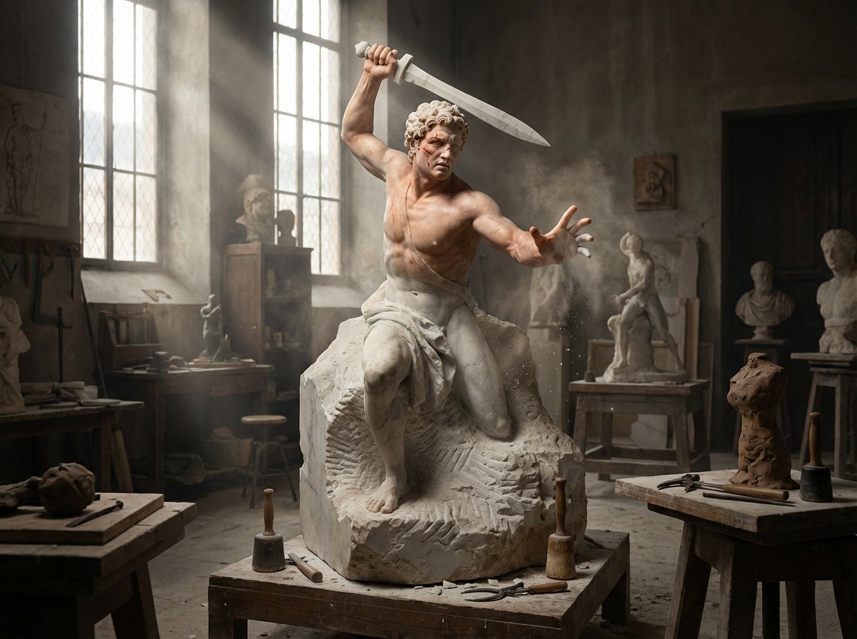 Sculptor's Awakening Cinematic Scene Prompt example 2