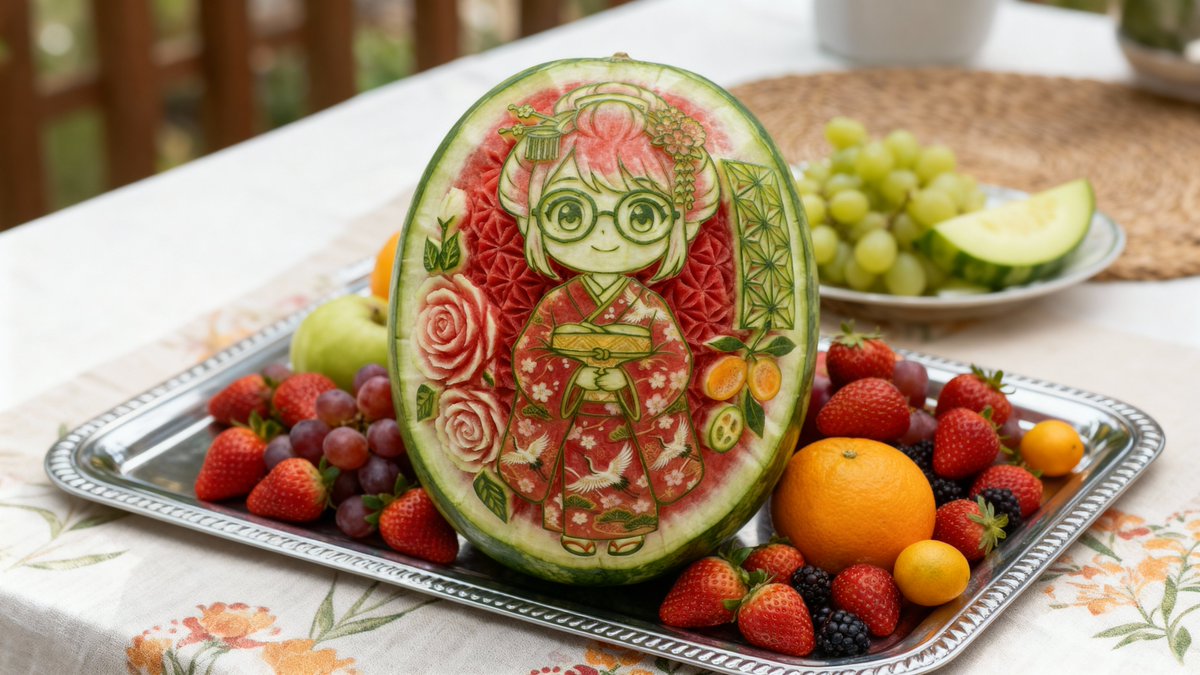 Photorealistic Watermelon Carving of an Original Character (OC) AI image template preview