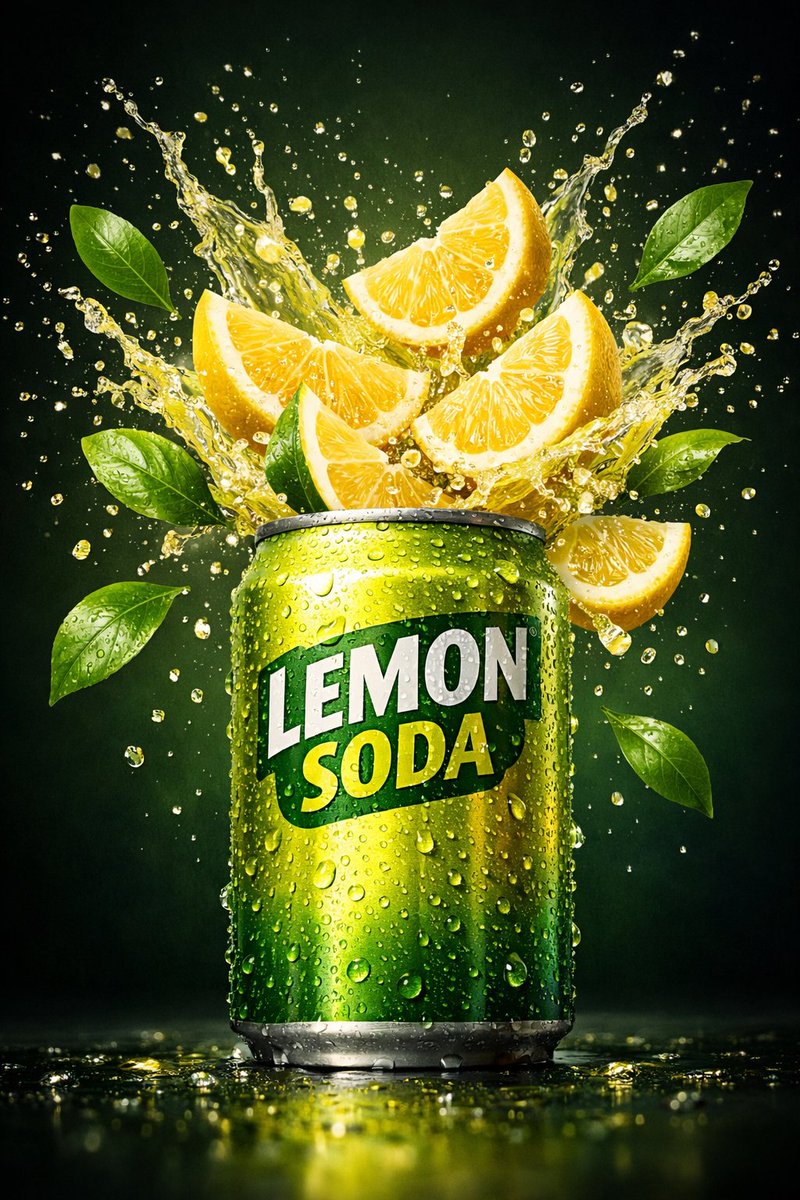 Hyper-realistic commercial product shot of a lemon soda can AI image template preview