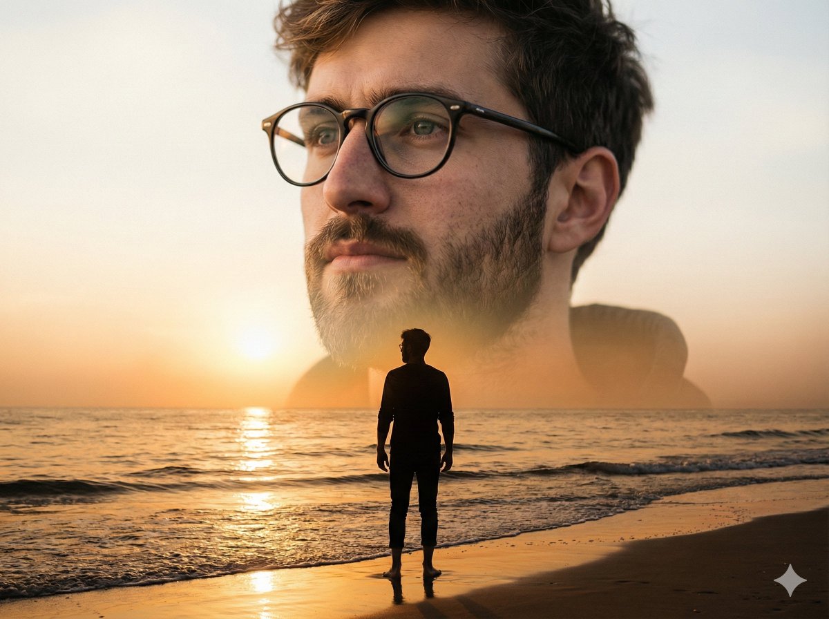 Cinematic Double-Exposure Beach Portrait AI image template preview