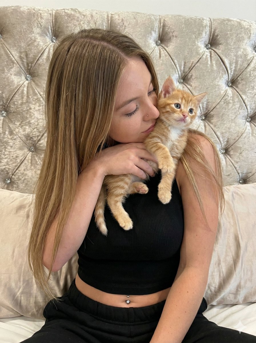 Tender Portrait of Woman Nuzzling a Kitten AI image template preview