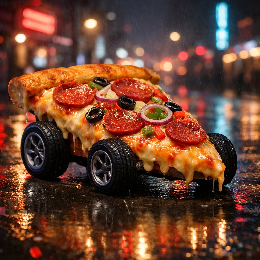 Surreal Cyberpunk Pizza Car Prompt AI image template preview