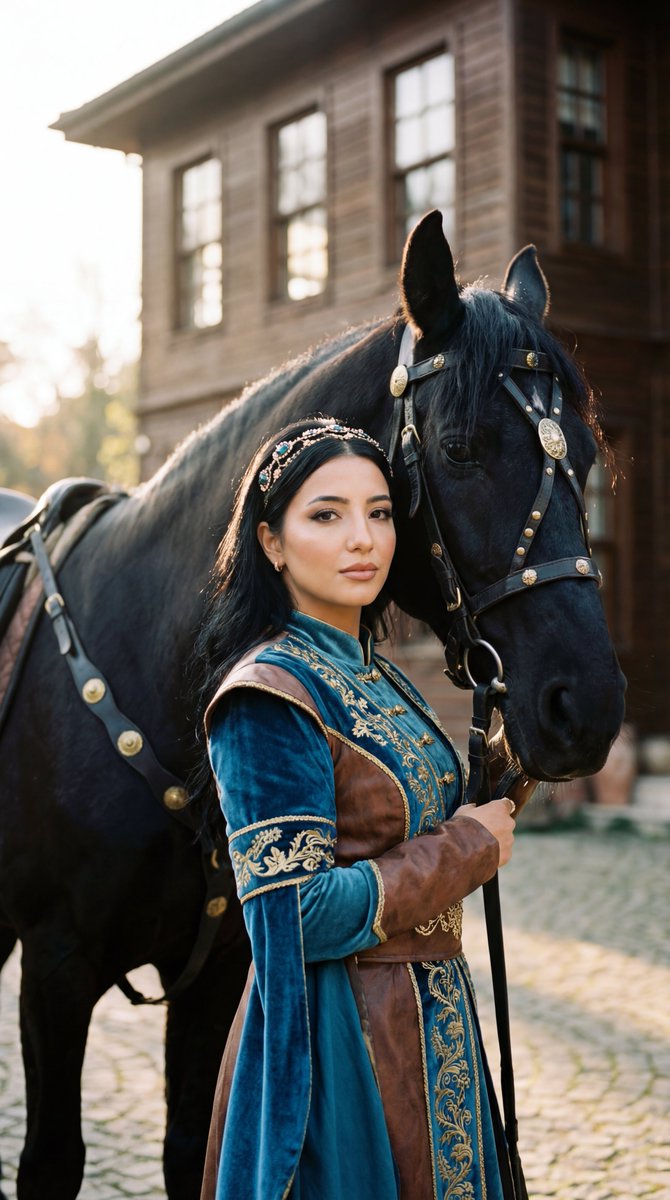 Photorealistic Historical Turkish Woman with Black Horse AI image template preview