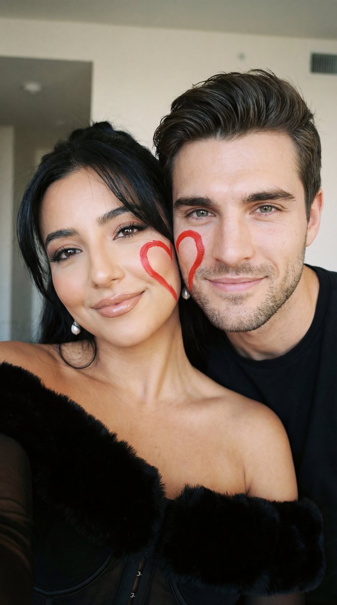 Ultra-Close Photorealistic Couple Selfie with Heart Cheek Paint AI image template preview