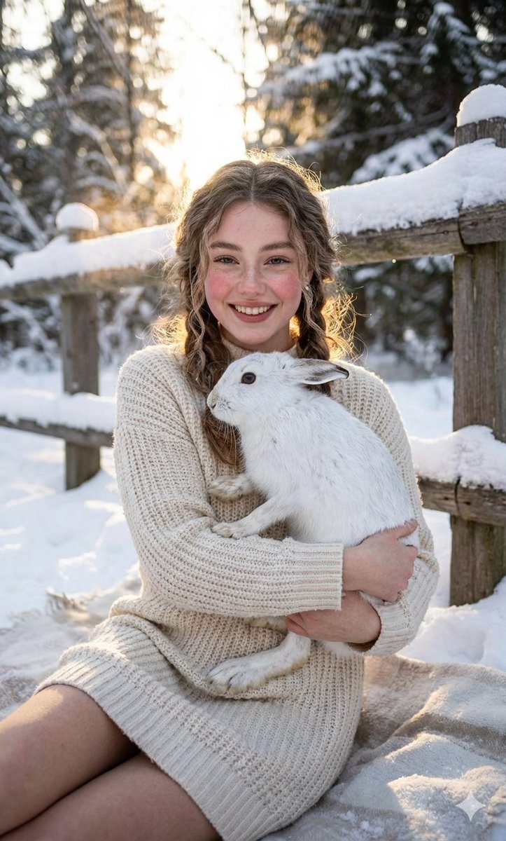 Cozy Winter Portrait with White Hare AI image template preview
