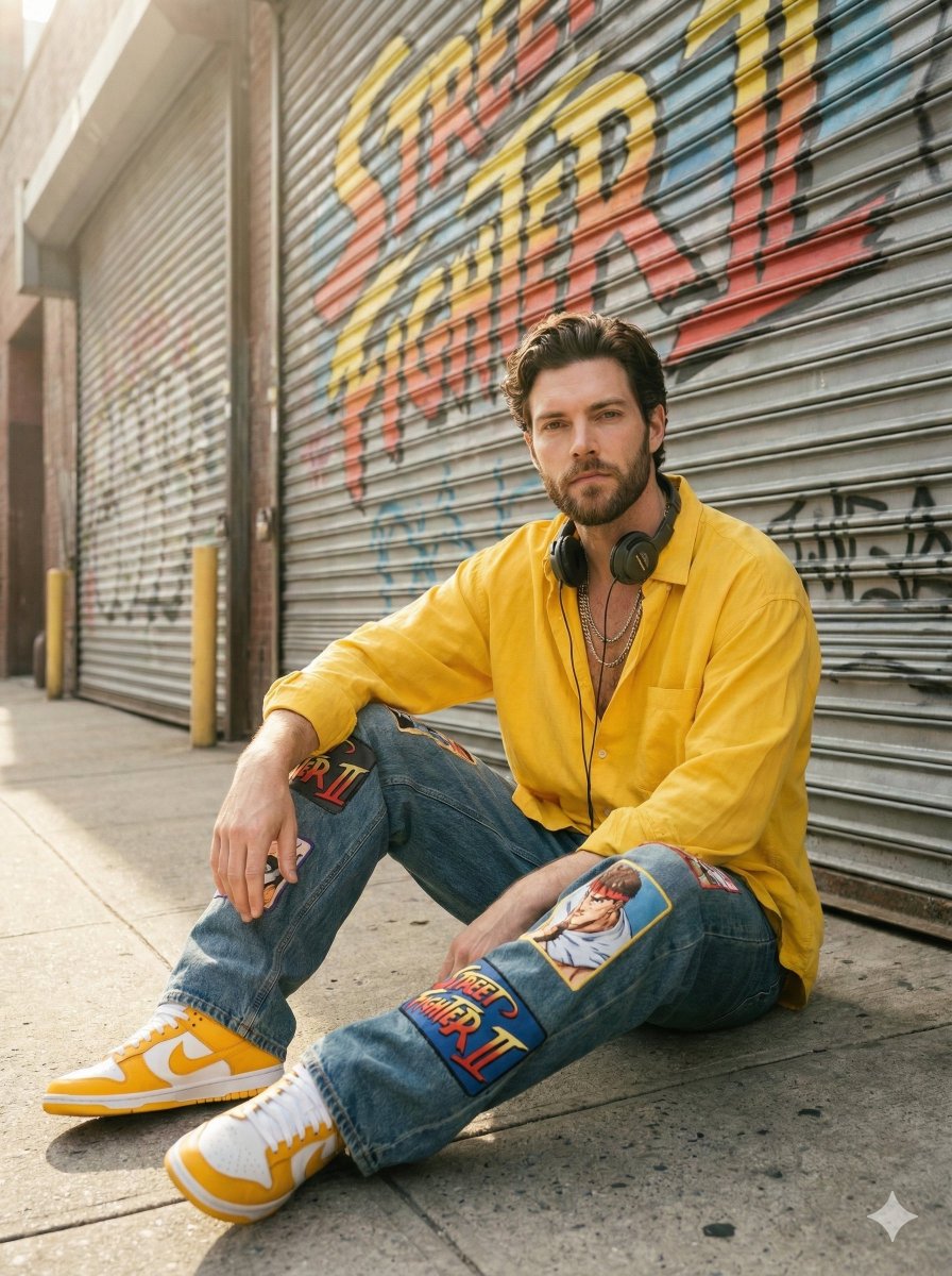 Sunlit Urban Streetwear Portrait with Retro Graffiti AI image template preview