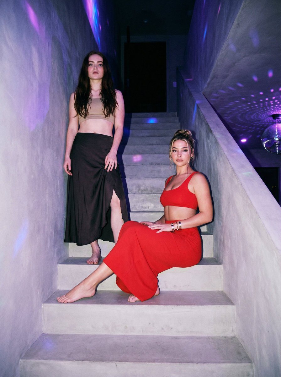 Stylized Nighttime Group Photo on Concrete Staircase AI image template preview