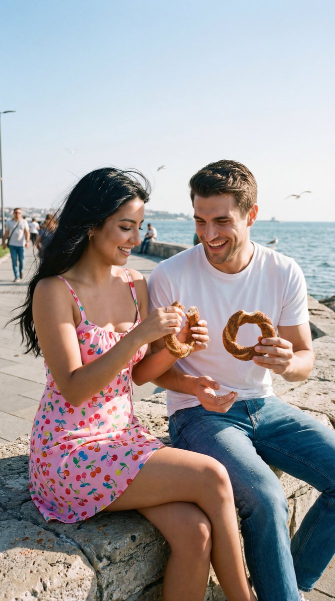 Photoreal Candid Street Romance Film Still Prompt (Moda Seaside) AI image template preview