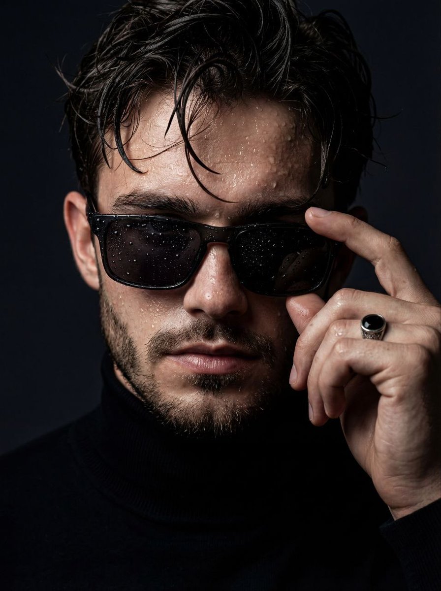 Moody Cinematic Close-Up Portrait with Wet Skin AI image template preview