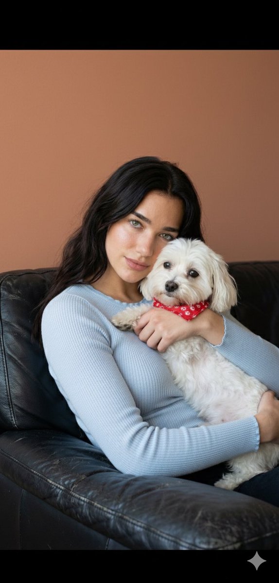 Dua Lipa Cozy Portrait with Maltese Dog Prompt AI image template preview