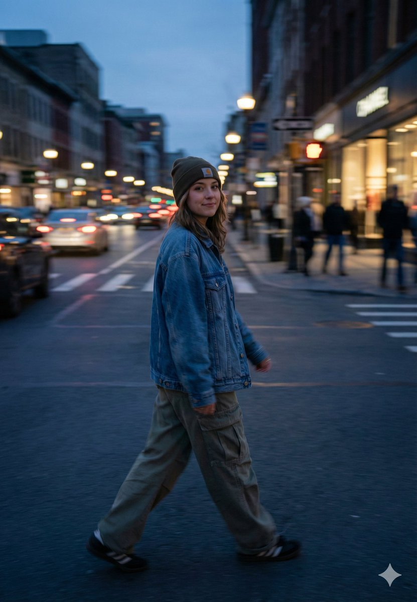 Cinematic Blue Hour Street Portrait Prompt for Nano Banana Pro AI image template preview