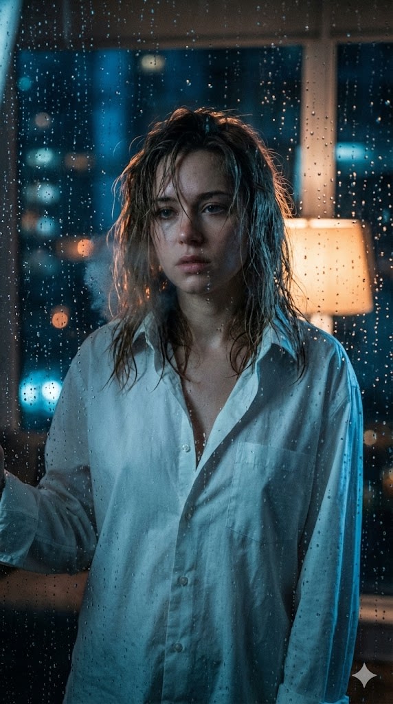 Cinematic Voyeuristic Portrait through Rain-Streaked Window AI image template preview