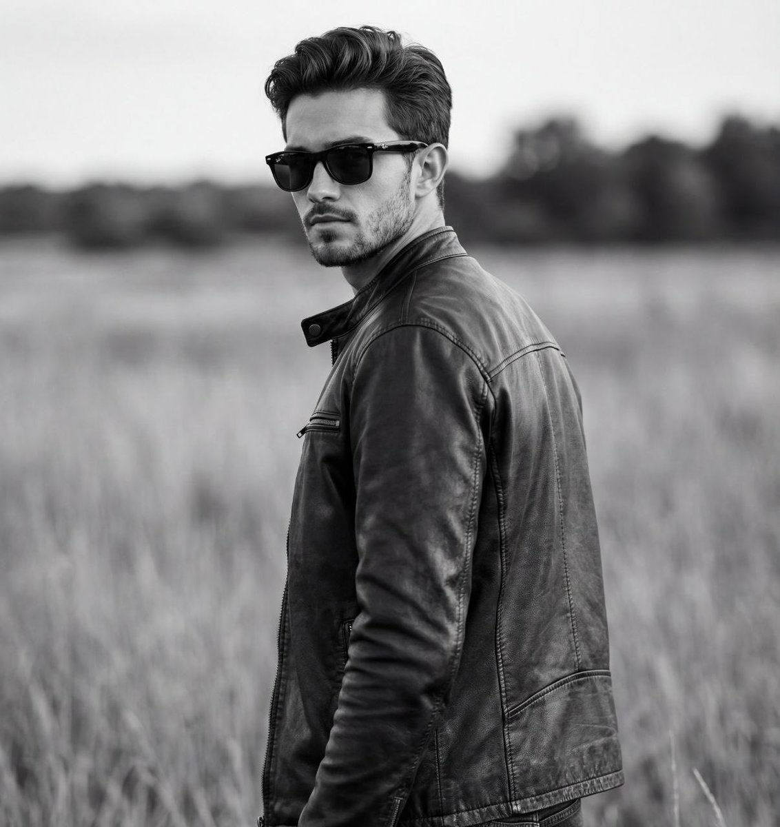 Cinematic Black and White Biker Portrait AI image template preview