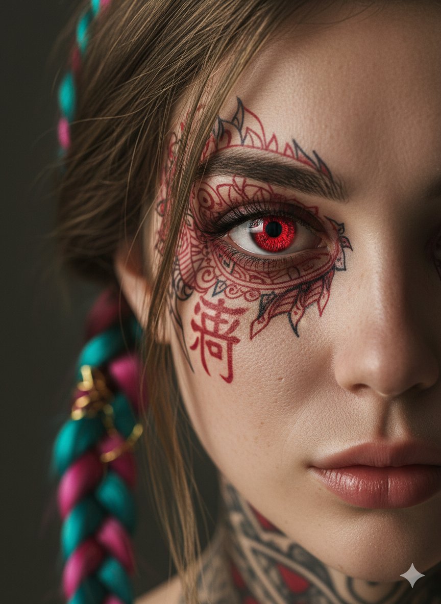 Extreme Close-Up Cinematic Portrait with Tattoos and Red Eye AI image template preview