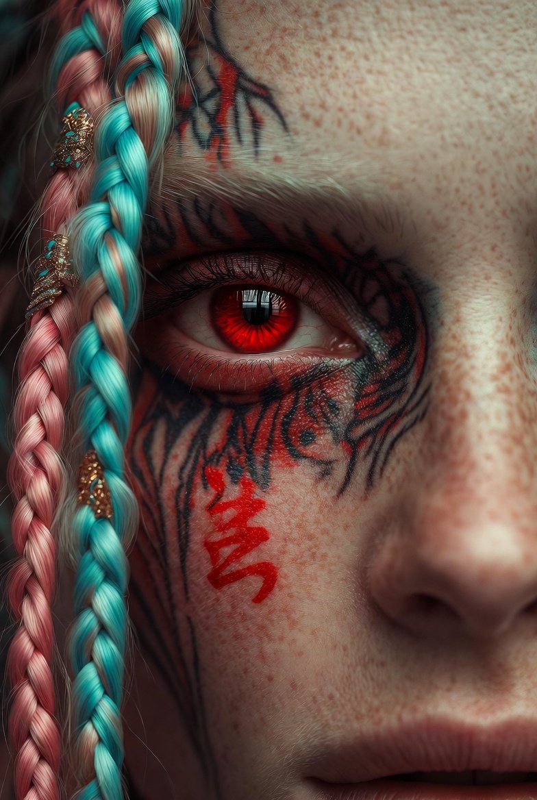 Extreme Close-Up Cinematic Portrait with Tattoos and Red Eye example 2