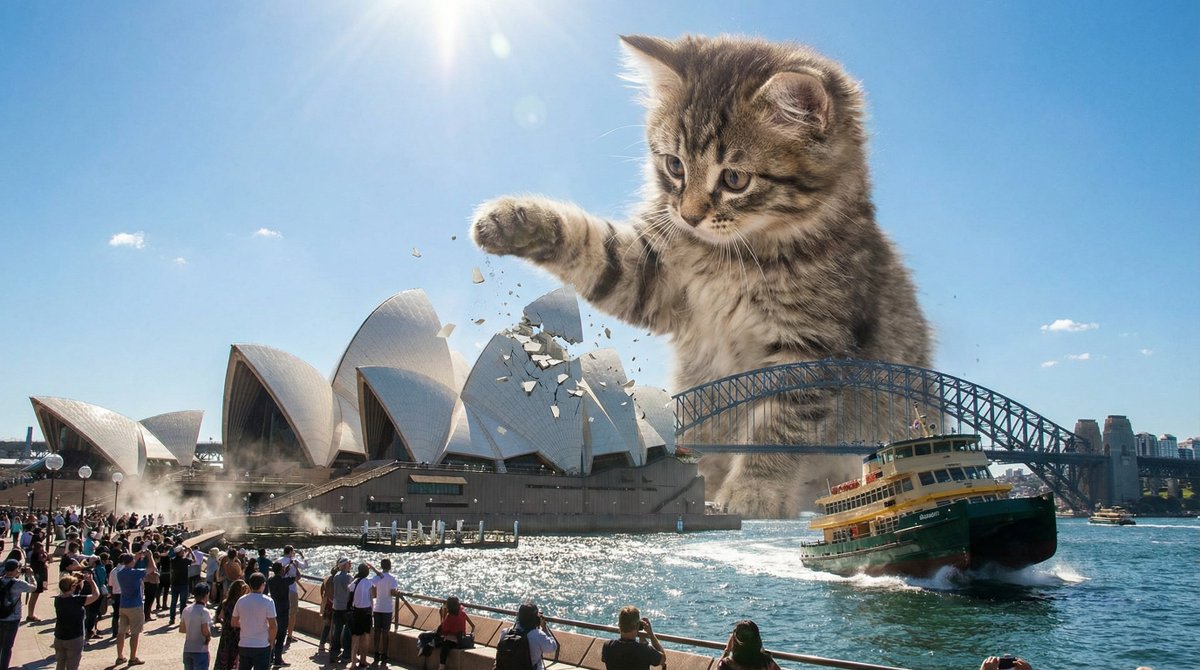 Kaiju Kitten Destroying Sydney Waterfront AI image template preview
