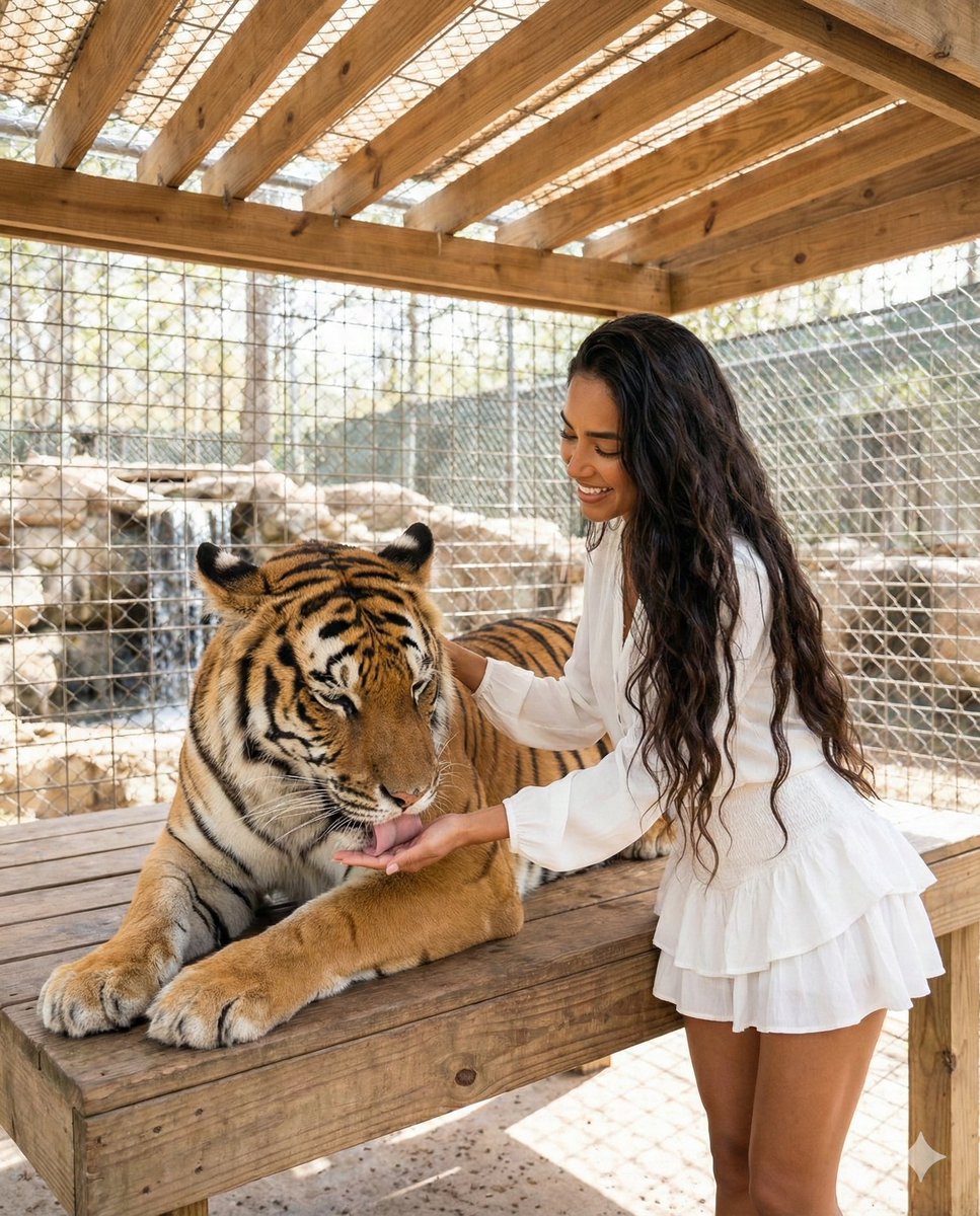 Woman Interacting with Bengal Tiger in Sanctuary AI image template preview