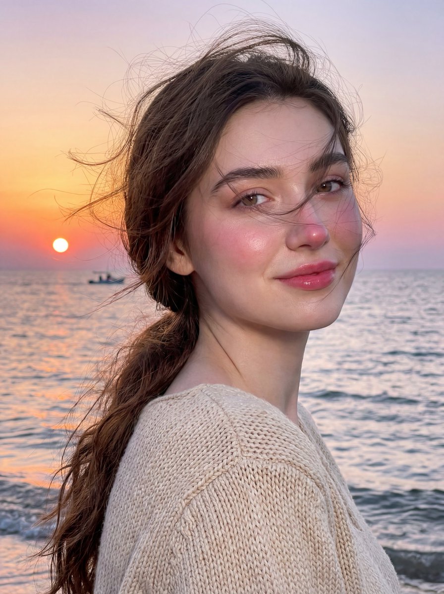 Golden Hour Seaside Portrait with Identity Preservation AI image template preview